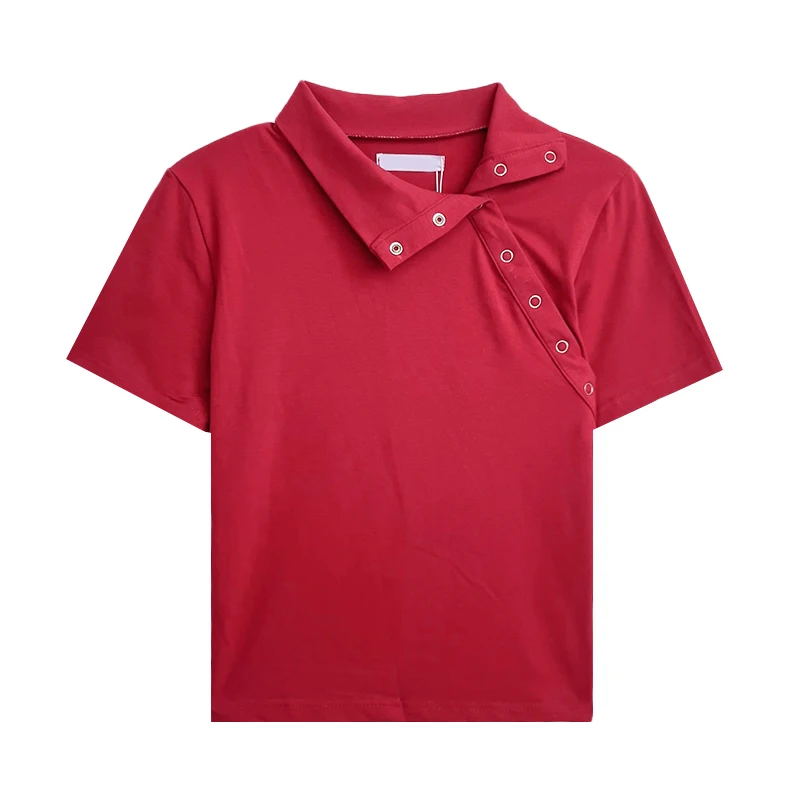 

Red sweet lapel buckle summer elastic slim short sleeve T-shirt