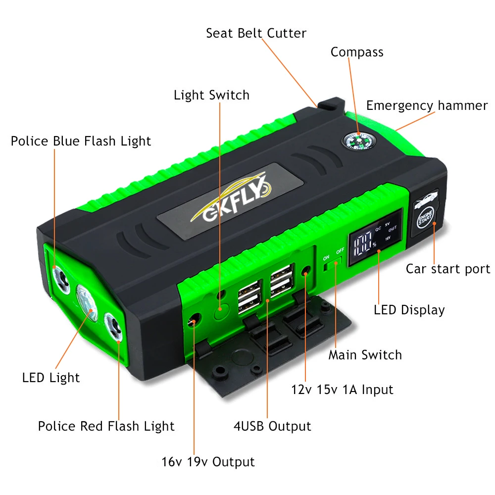 GKFLY Car Jump Starter Car Battery Booster 16000mAh Power Bank 12V Portable Starting Device for Petrol Diesel Cars Car Jump Starter