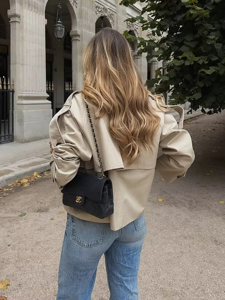 2025 Ladies Vintage Cropped Trench Autumn Jacket Women Streetwear Double Breasted Long Sleeve Top Female Chic Coat Outfits ﻿
