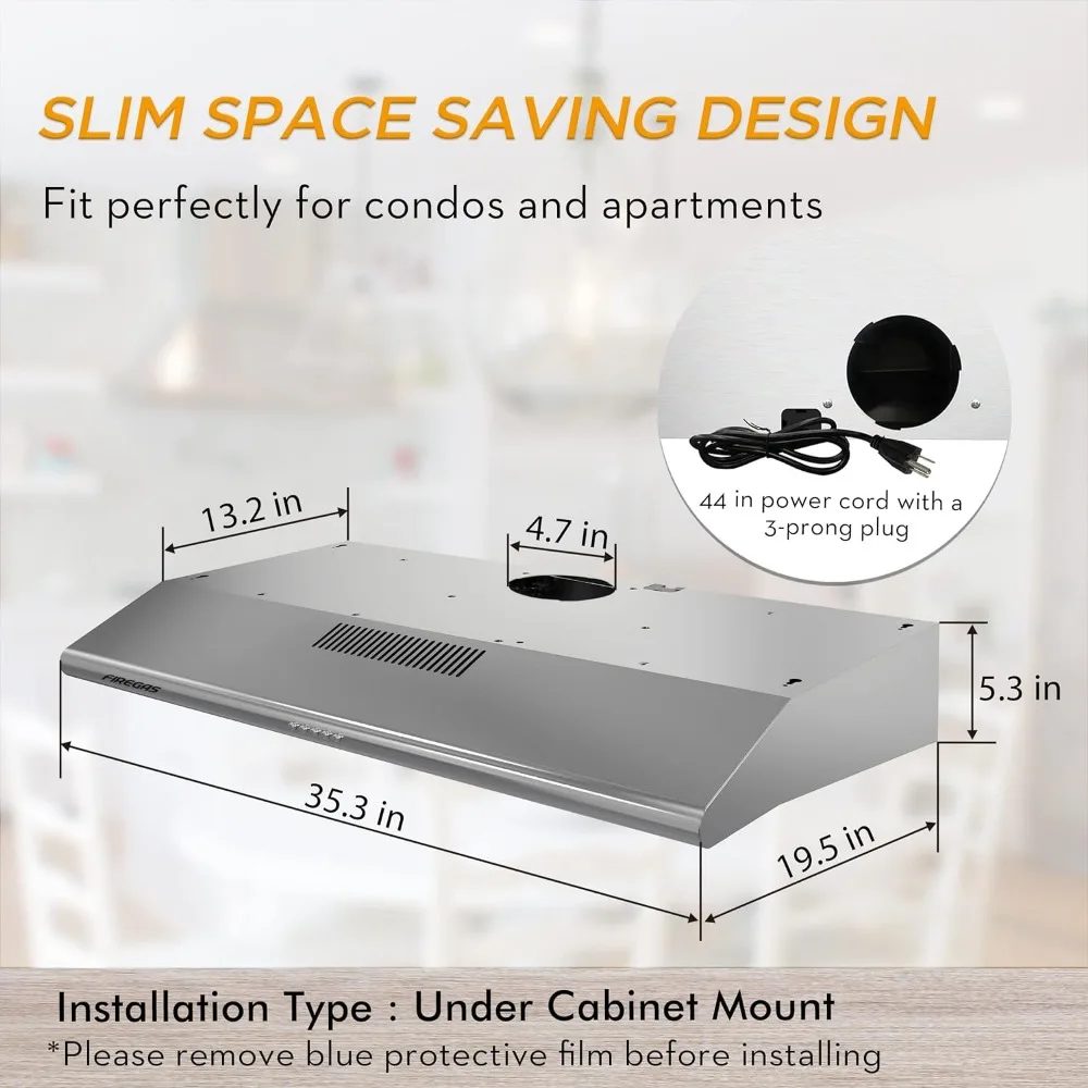 Under Cabinet Range Hood 36 inch with Ducted/Ductless Convertible, Slim Kitchen Stove Vent Hood, LED Light, 2