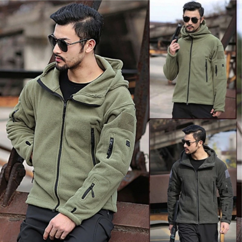 Spring Autumn Men's Warm Fleece Jacket Solid Color Loose Fitting Zippered Hooded Coat Outdoor Mountain Climbing Jacket