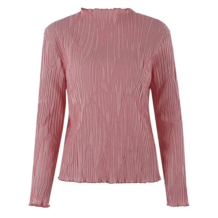 Miyake Pleated Half Turtleneck Bottoming Shirt for Women 2023 Autumn and Winter New Elastic Loose Hand-pleated Long-sleeved Top