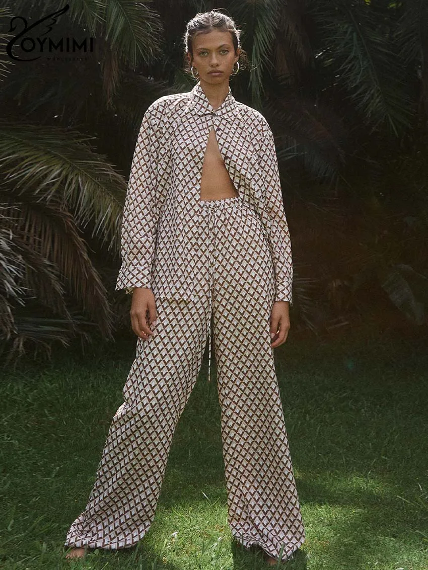 Oymimi Fashion Khaki Print Womens 2 Piece Outfit Set Elegant Lapel Long Sleeve Button Shirt And High Waist Straight Trousers Set