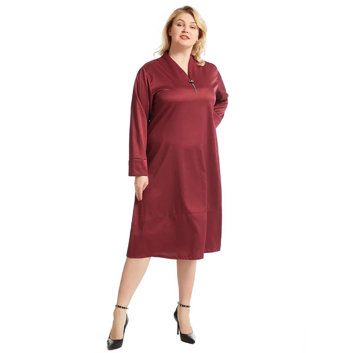 

Женская одежда XL-6XL для полных дам, однотонное свободное платье с V-образным вырезом и длинным рукавом, модель 2023 года