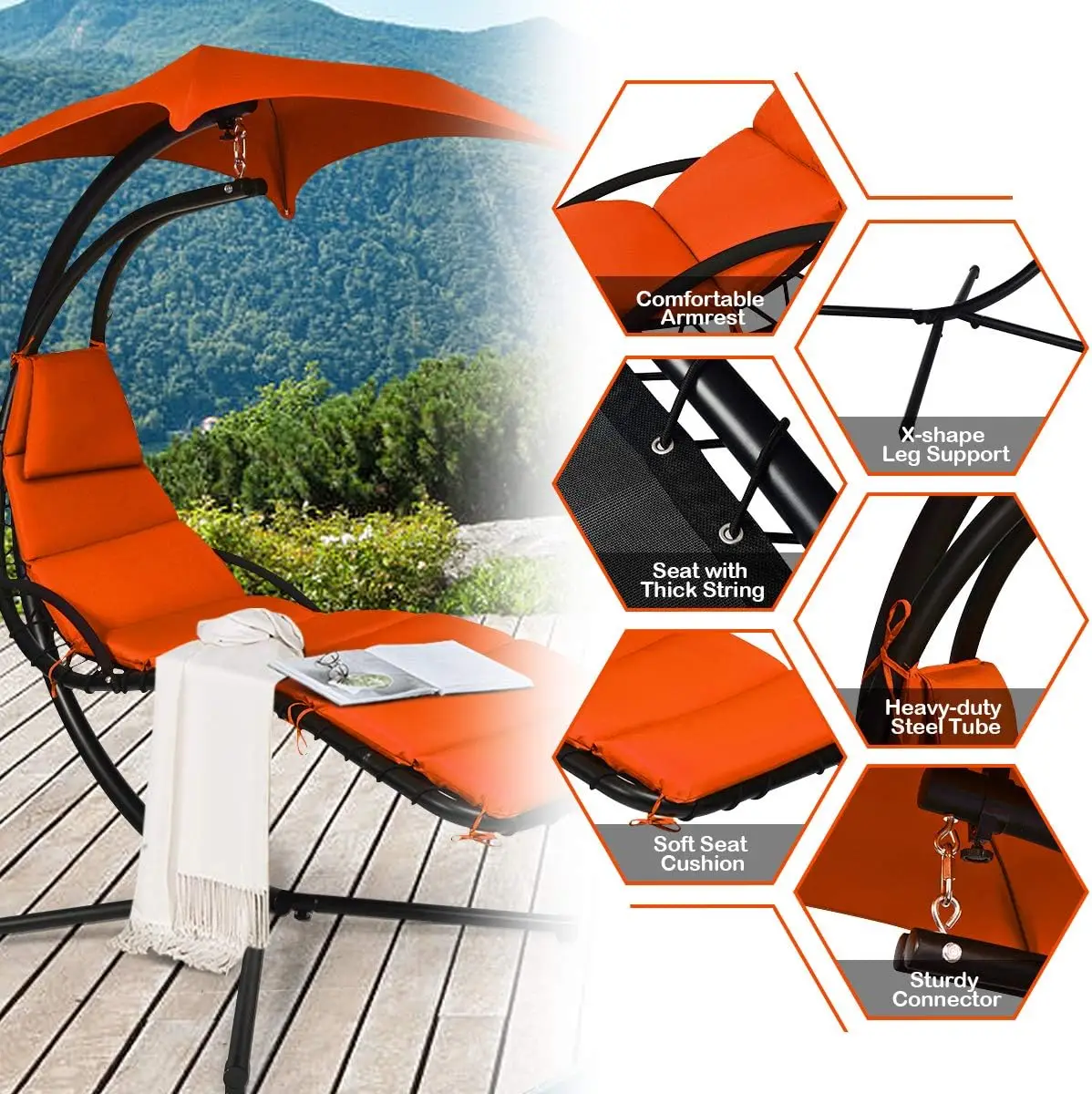 Hanging Chaise Lounger Chair, Arc Stand Porch Swing Chair w/Canopy, Cushion Built-in Pillow, Outdoor Freestanding Swing Hammock