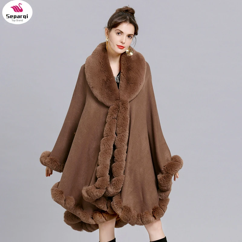 

Elegant V Lapel Faux Rex Rabbit Fur Coat Cape Winter Women Big Long Shawl Full Trim Fur Knit Cloak Overcoat Parka 2024