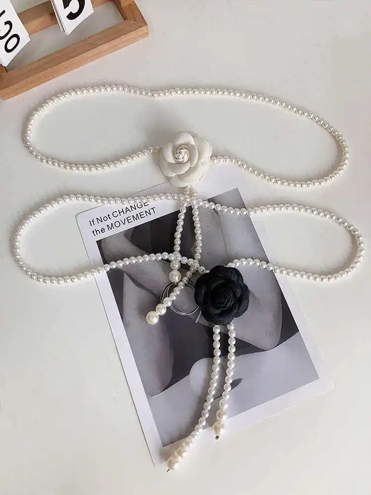 1 piece pearl waist belt for women, new style decorative camellia versatile waist belt matching coat dress jacket stylish fashion belt.