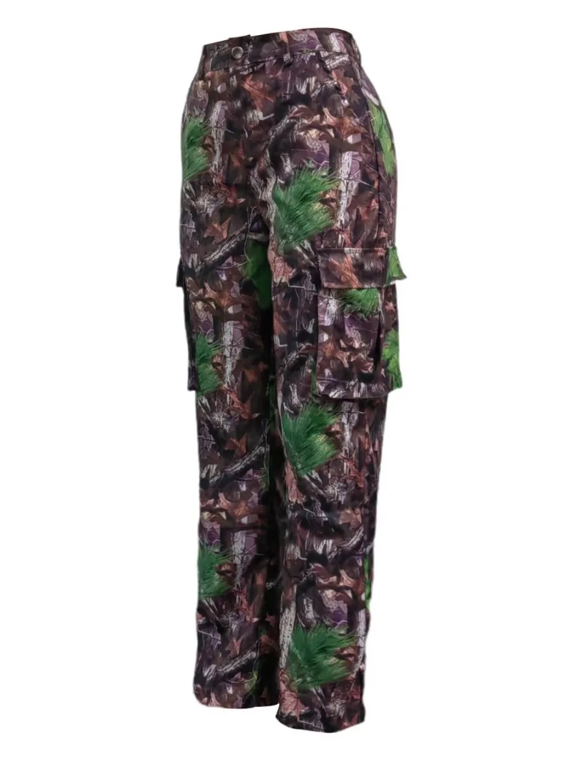 Mid-Waist Side Pocket Design Camo Print Cargo Pants Full Print Zipper Casual Leaf Printed Straight Tube Women's Camo Cargo Print