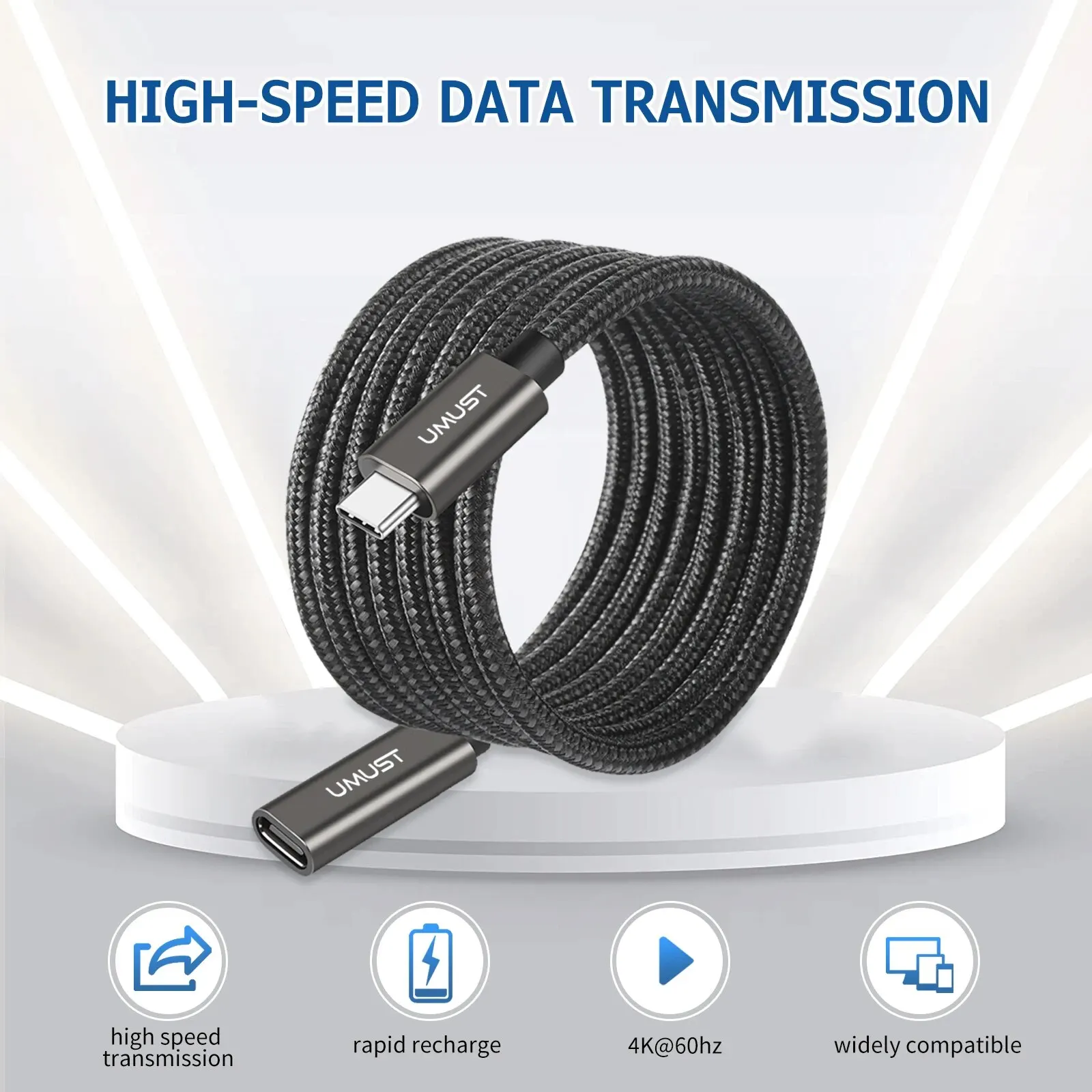 UMUST USB C 익스텐션 케이블, 타입 C 3.2 수-암 PD 5A 고속 충전, 10Gbps 동기화 전송, 아이폰 15 프로, 맥북, 아이패드 프로용