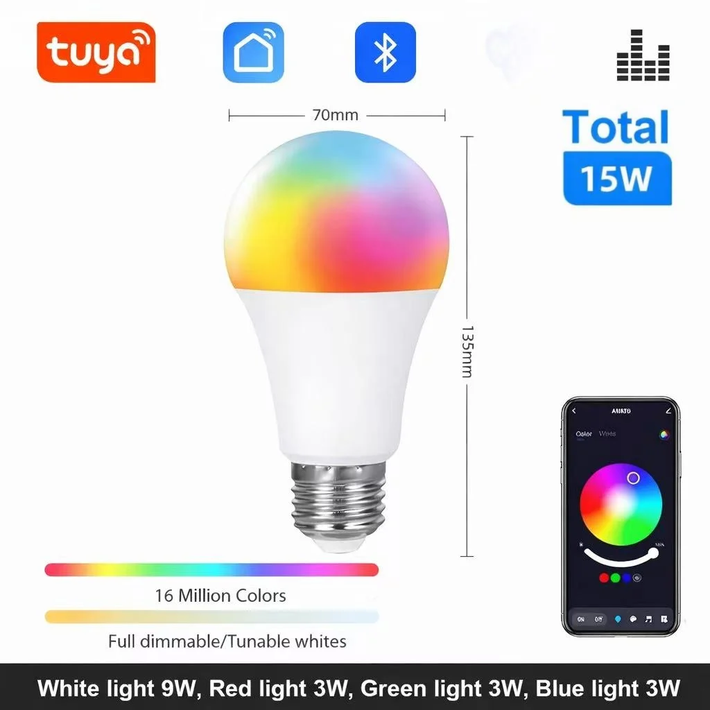 Tuya Bluetooth LED Bulb Dimmable 15W 18W E27 B22 220V RGBCW Color Change Lamps Smart Life APP Group Control Music Rhythm Timing