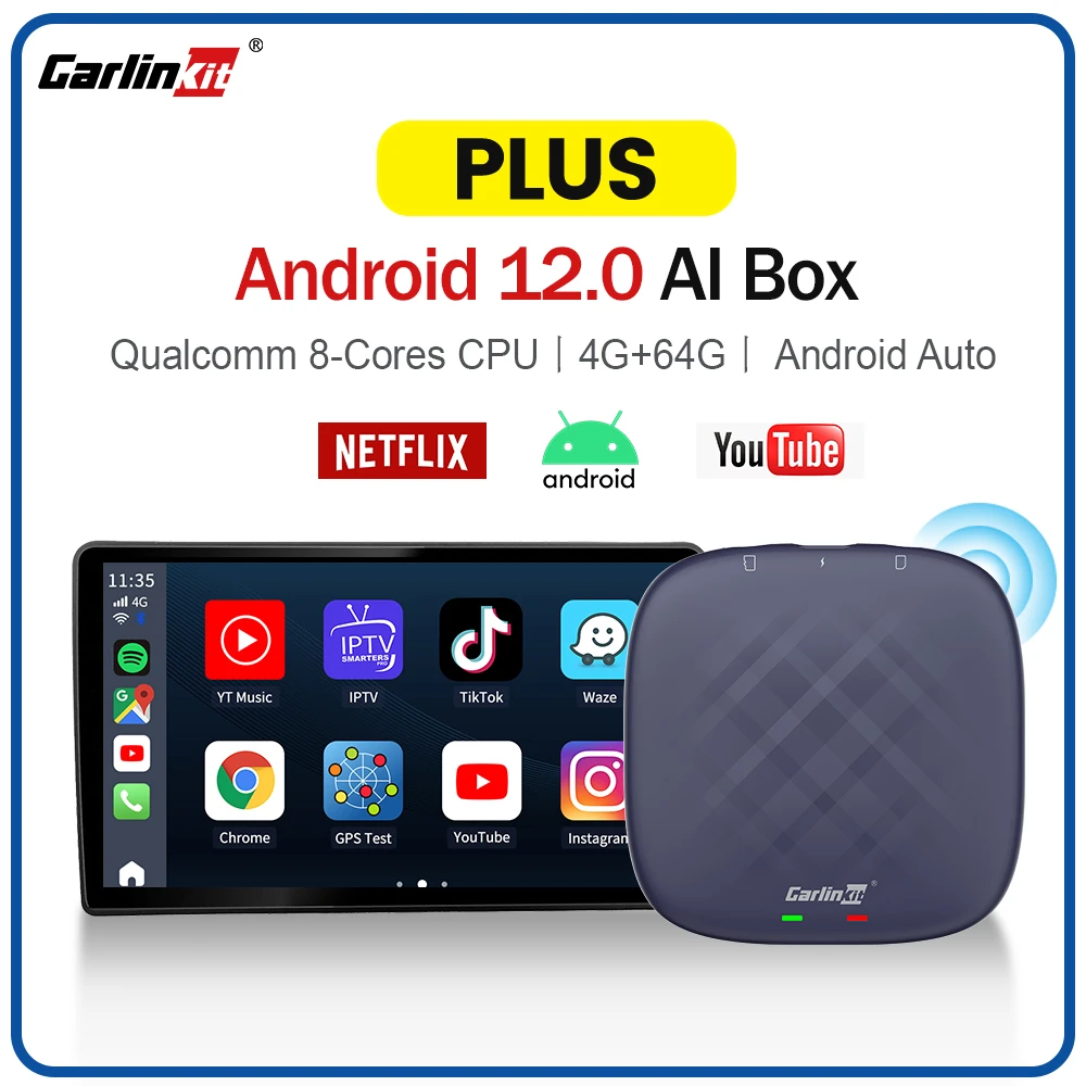 Carlinkit Boîtier Carplay Ai Plus, Android 11, 4 Go + 64 Go, Qcm, 8 Cœurs 6125, Sans Fil