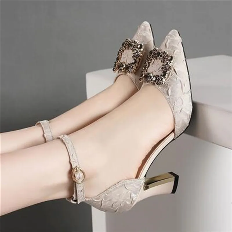 

Women Heels Bling Buckle Pointed Toe Stilito Heel Elegant Woman Shoes Sexy Dress Wedding High-heeled Sandals 2023 Summer Pumps