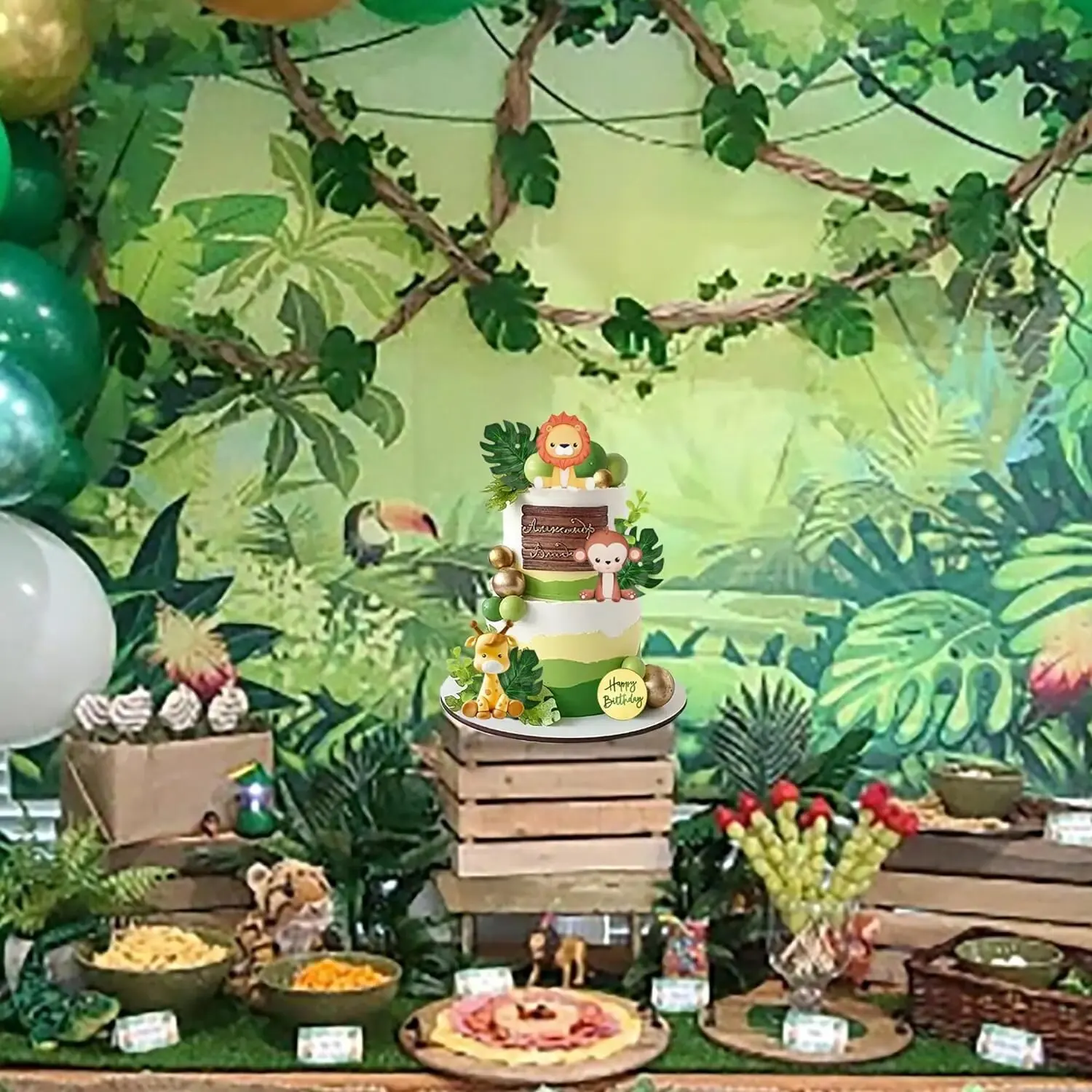 Dschungel-Safari-Tier-Kuchenaufsatz mit bunten Kugeln, Plam-Blätter, Kuchendekoration für Mädchen und Jungen, wildes Thema, Geburtstagsfeier, Baby – Detail 5