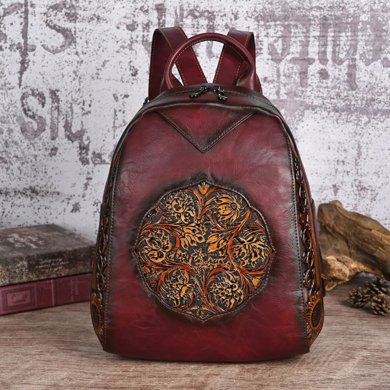 

2024 New Women's Backpack For Women Leather Bag Vintage Embossed Feminina Backpacks Ladies Travel Bags Handmade 9 Colors