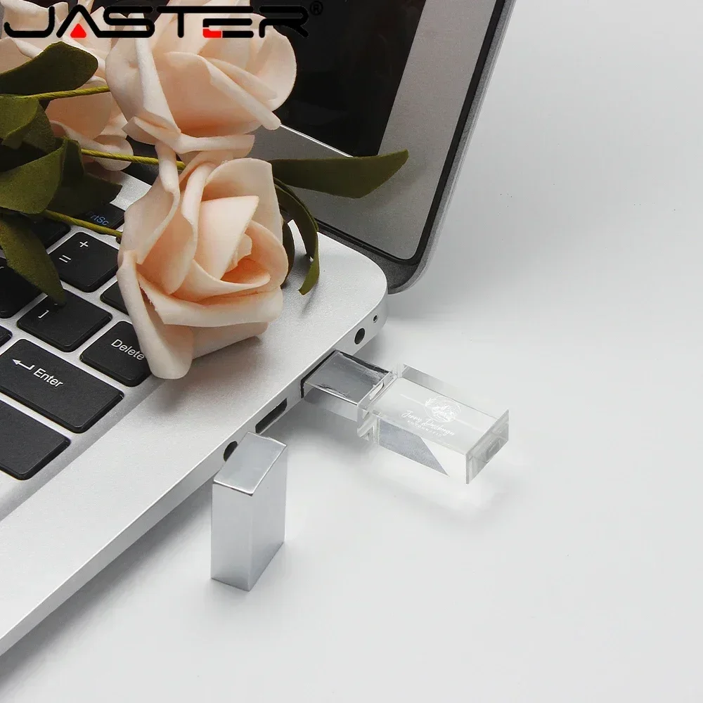 USB Flash Drive JASTER Rose Gold Crystal Pen Drive2.0 128GB 64GB 32GB 16GB USB Stick Free Custom Logo White Paper Box Wedding Gifts