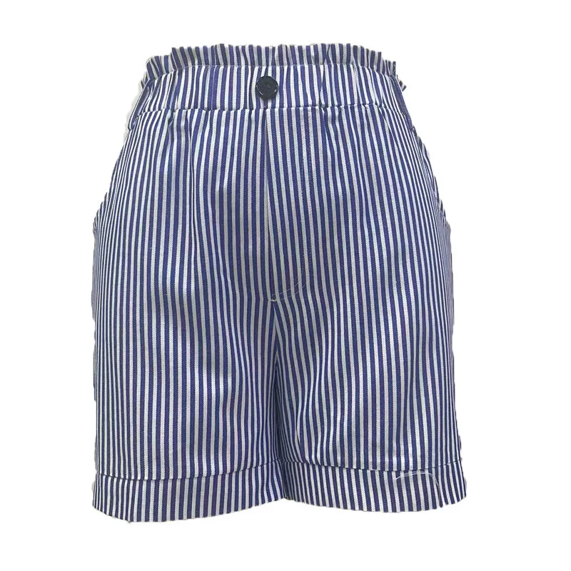 Casual Pockets Striped Printing Shorts 2023 New Fashion Summer Clothes for Women Elastic Waist Patchwork Button Straight Pants