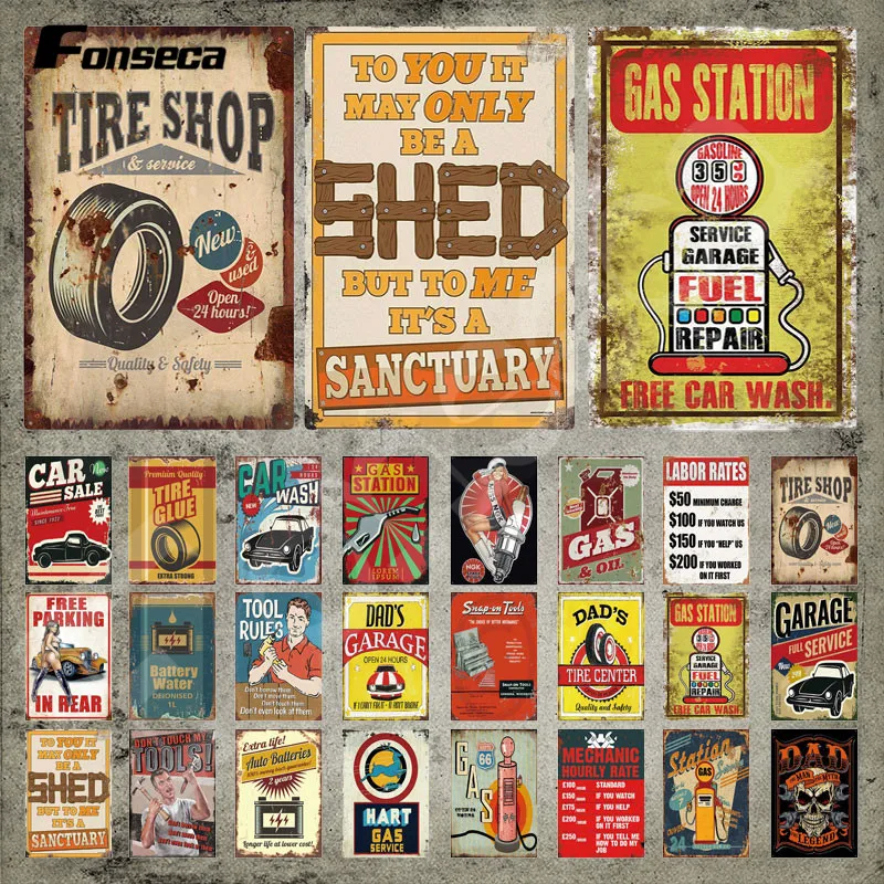 

Gas Station Metal Signs Tire Shop Tin Signs Garage Full Service Metal Plate Iron Painting Wall Stickers Garage Gas Station Decor