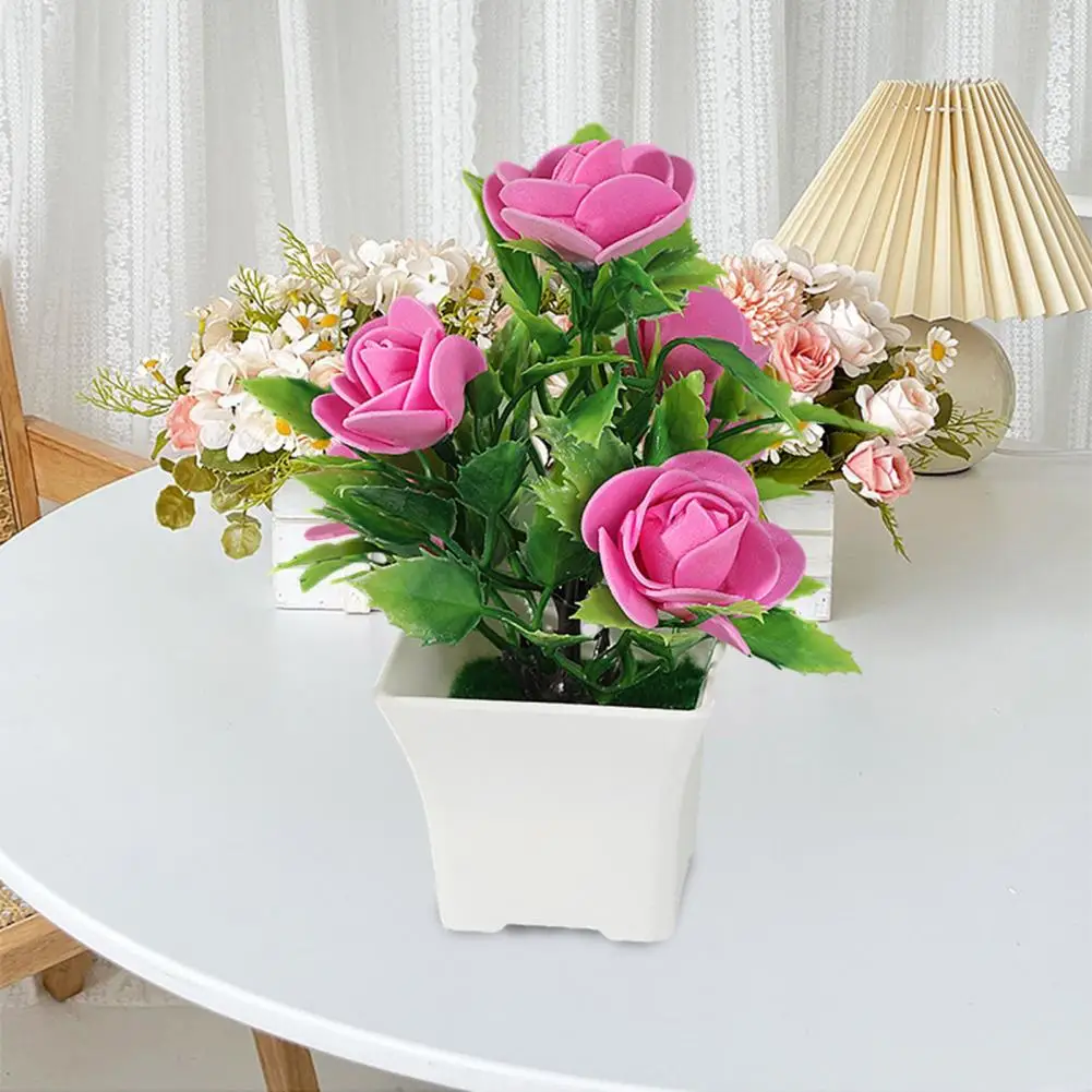 

Artificial Rose Potted Plant Realistic Fake Rose Bonsai Vibrant Color Fade-resistant Artificial Plant for Home Decoration