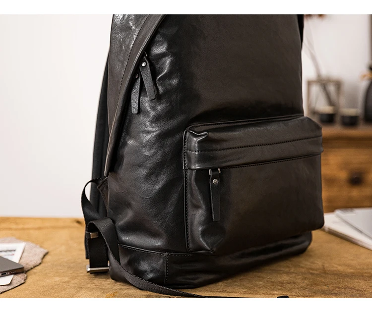 PNDME einfache lässige Luxus echtes Leder Herren große Kapazität Rucksäcke Outdoor-Reise Designer Rindsleder Laptop schwarze Tasche – Detail 10