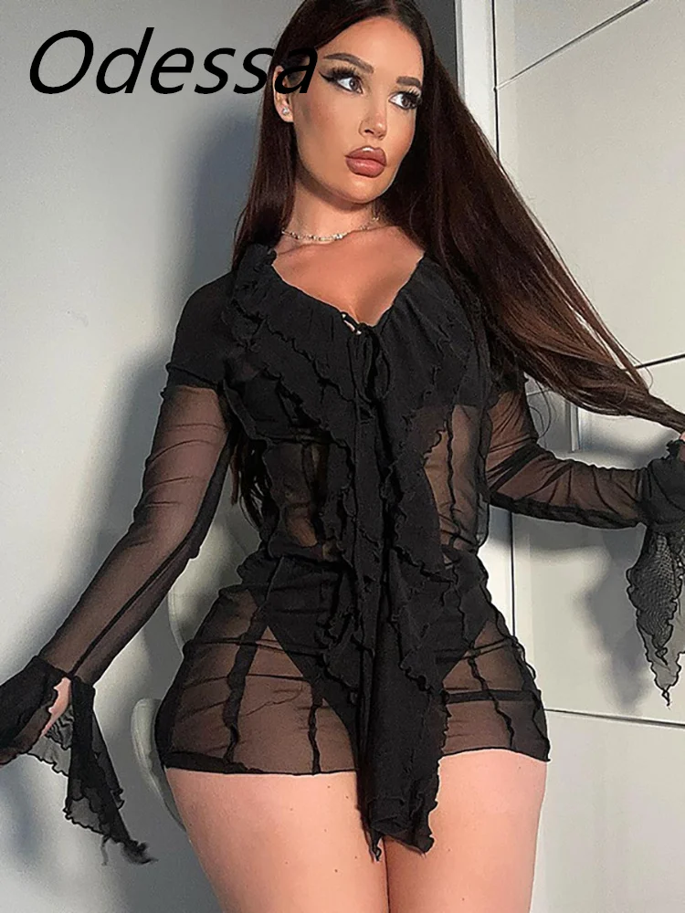 

Odessa Black Mesh Sexy See Through Mini Bodycon Dress Women Clothes 2023 Autumn Ruffle V Neck Long Sleeve Short Party Dresses