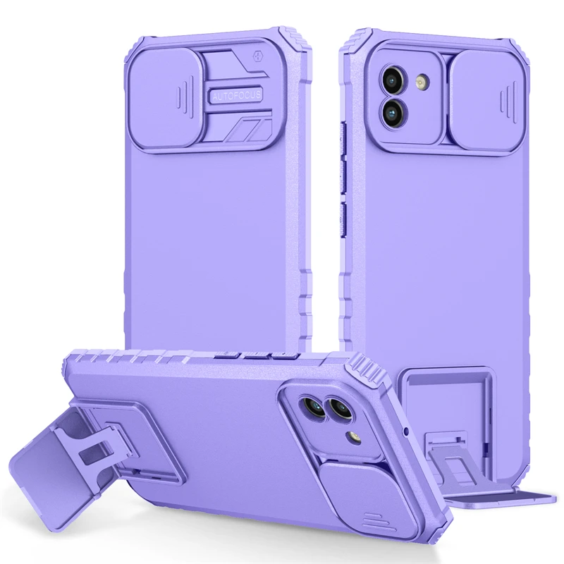Slide Camera Lens Protect Armor Back Case with Holder Stand