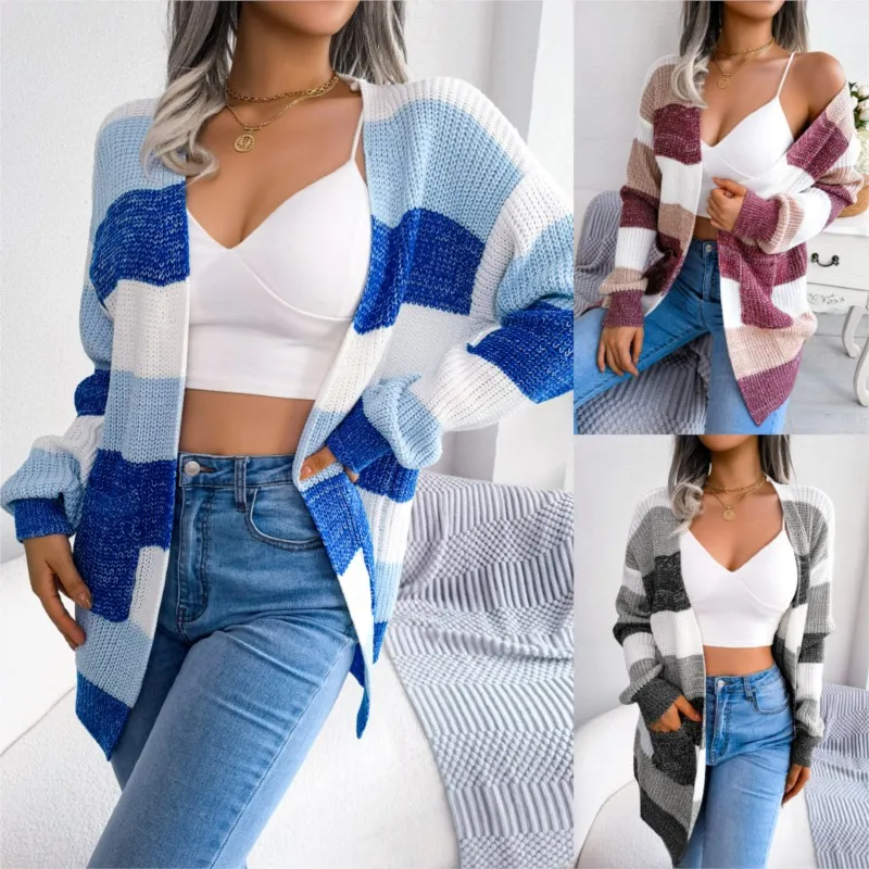 

Autumn /Winter Contrast Stripe Lantern Sleeves Casual Cardigan Sweater Coat Women Knitted Tops 2023 Elegant Stripes Abrigo Mujer
