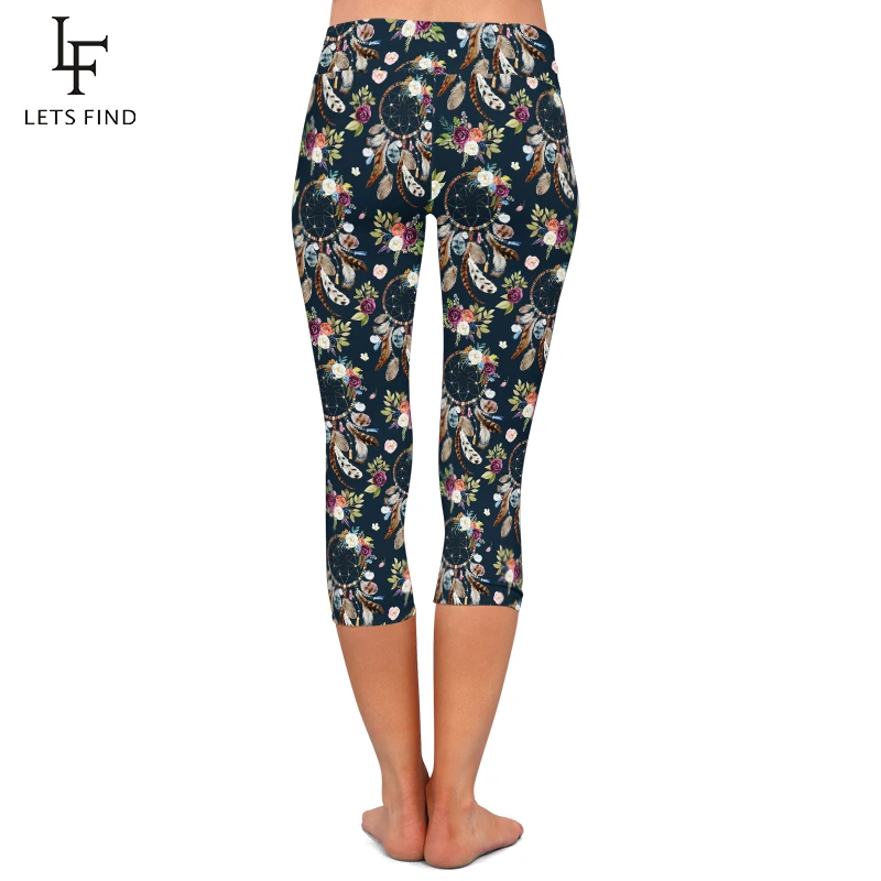 LETSFIND Fashion 3D Gothic Dreamcatcher Digital Printing Women Capri Leggings High Waist Soft Mid-Calf Leggings