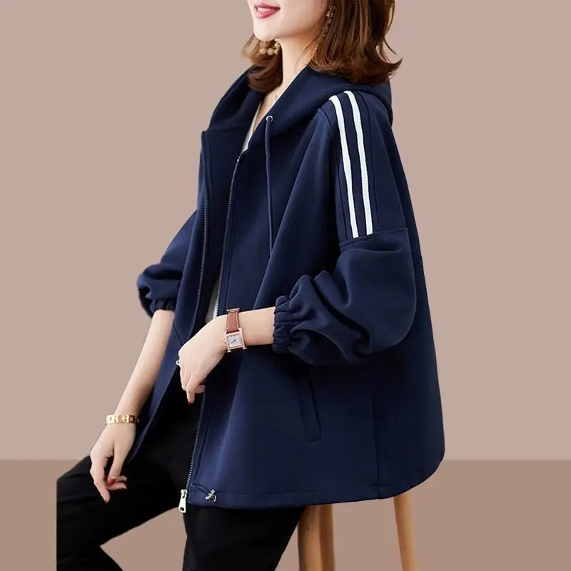 2023 Spring Autumn New Solid Color Hooded Long Sleeve Sweatshirts Cardigan Women Casual Loose Drawstring Pocket All-match Coat