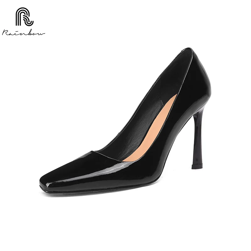 RAINBOW 33-40 Handmade Genuine Leather Shoes Trend Luxury Women Pumps Pointed square Toe High Heels Party Elegant Ladies Office 6