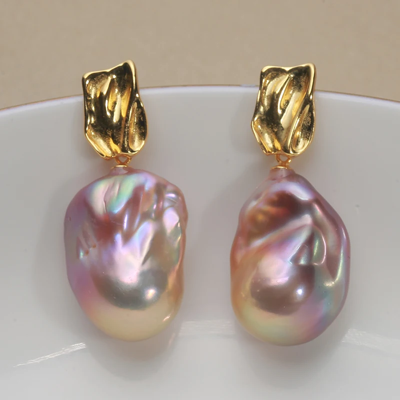 

New 100% Natural Freshwater Baroque Pearl Earrings - Dazzling Gold and Purple Sterling Silver 925 Women's Gift (15-23mm) PEARL