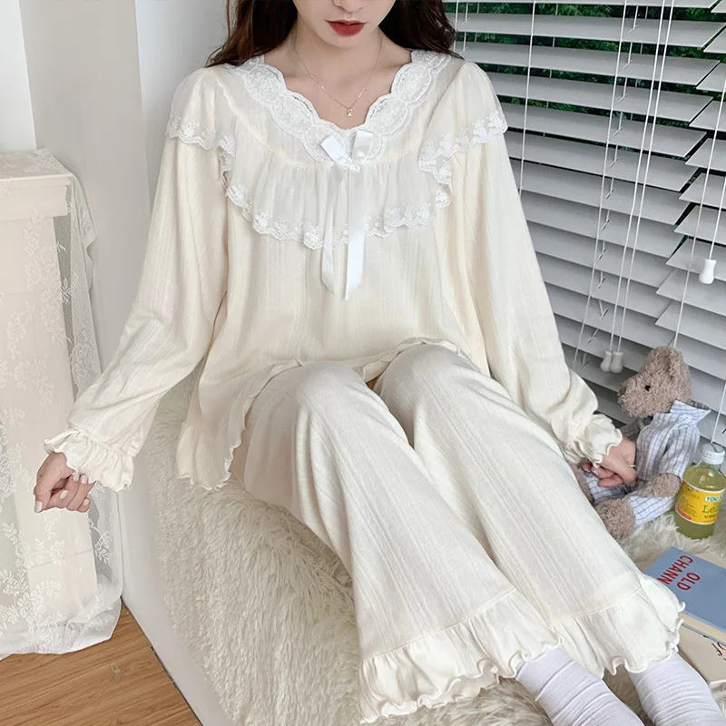 Cotton Sleepwear Lace Court Style Pajamas Women Spring Cute Pyjamas Long Sleeve Pijama Female Set Negligee Pullover Pajamas