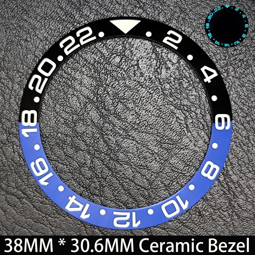 Elegant Blue Luminous Bezel GMT and Diving Watch Insert, Sloping 38mm x 30.6mm Ceramic/Aluminum