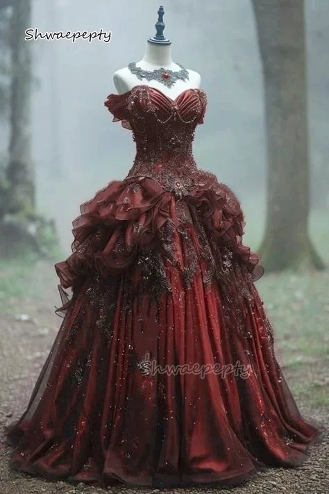 Vintage Gothic Burgundy And Black Prom Dress Off Shoulder Lace Appliques Beading Long A-Line Wedding Gown Customized