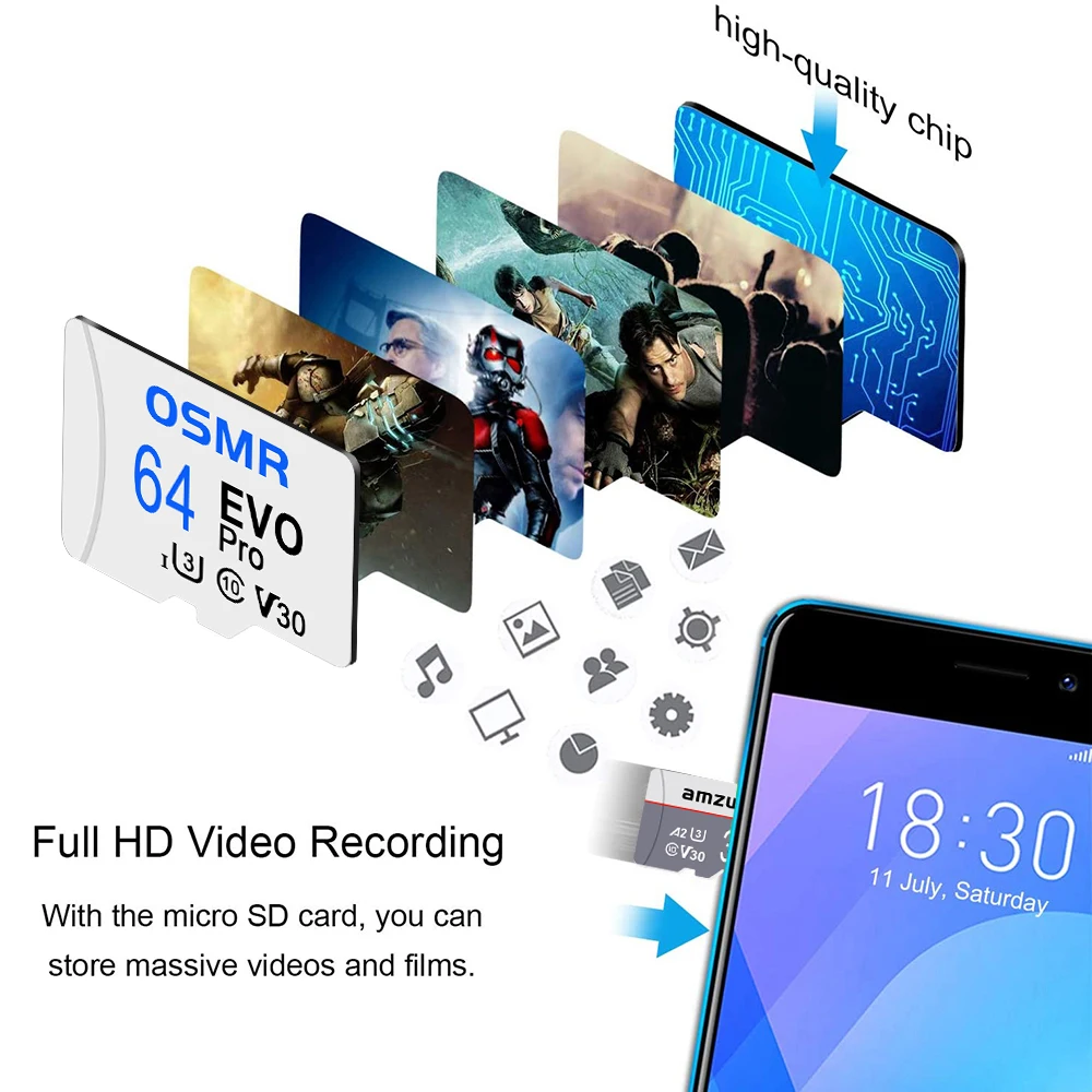 화이트 미니 SD 카드 64GB 32GB 플래시 메모리 카드 스마트 폰 태블릿 카메라 용 128GB 마이크로 카드 자동차 매장 음악 클래스 10 전화 TF