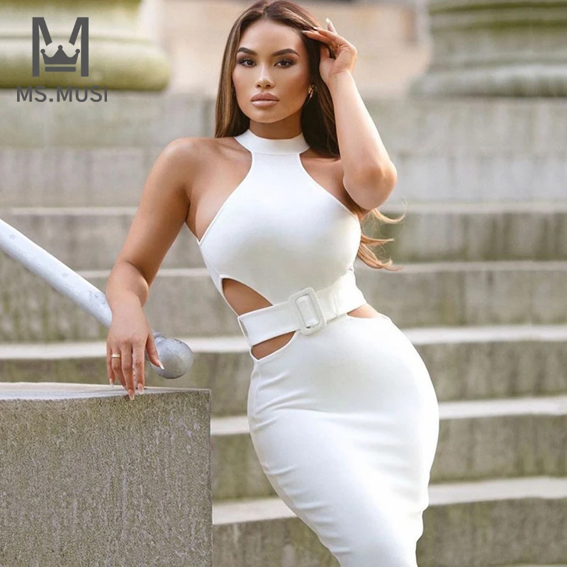 

MSMUSI 2023 New Fashion Women Sexy Halter Sleeveless Hollow Out With Belt Bandage Party Club Bodycon Event Midi Dress Vestidos