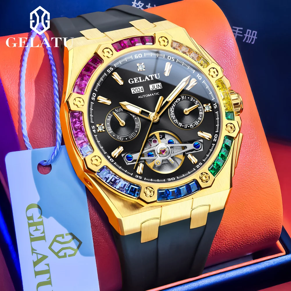 GELATU 6022 Automatic Watch Man Date Luxury Business Mechanical Watch For Men Hollow Big Dial Waterproof Fashion Men Wristwatch