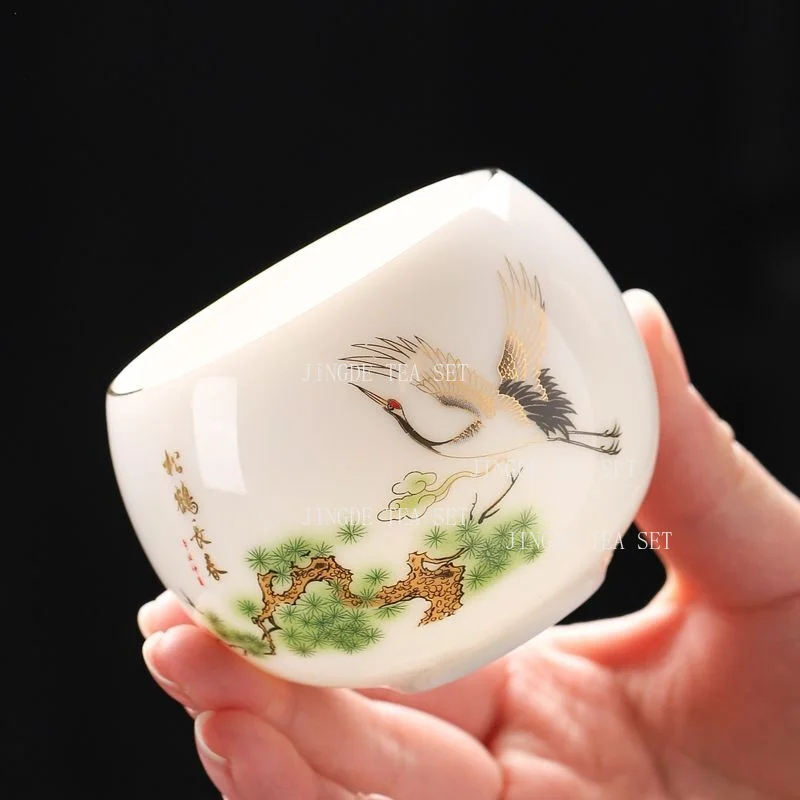 1pcs 120ml New Dragon Egg Master Teacup High End Chinese Style Household Lamb Fat Jade Kung Fu Tea Cup Decal Personal Tea Cup