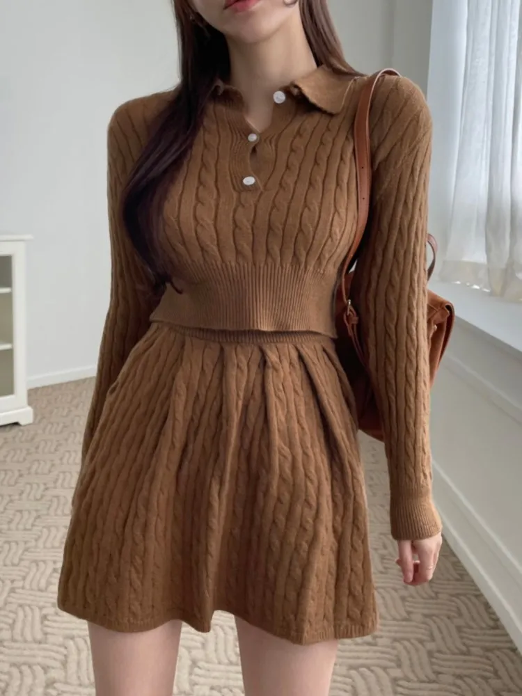 

Knitted Women's Sweater Suit Long Sleeve Casual Loose Pullover Crop Tops and Skirts Two Piece Set Female Solid Chic Outfits