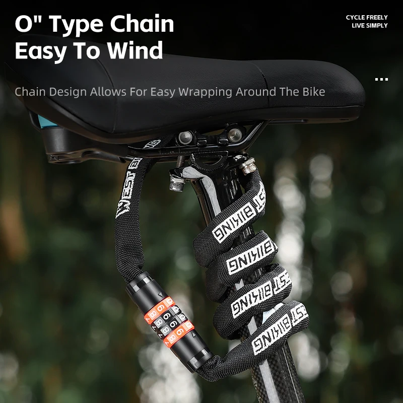 WEST BIKING Bicycle Lock 4-Digit Password Anti-theft Bike Chain Lock Thickned Motorcycle Scooter E-bike Lock Bike Accessories