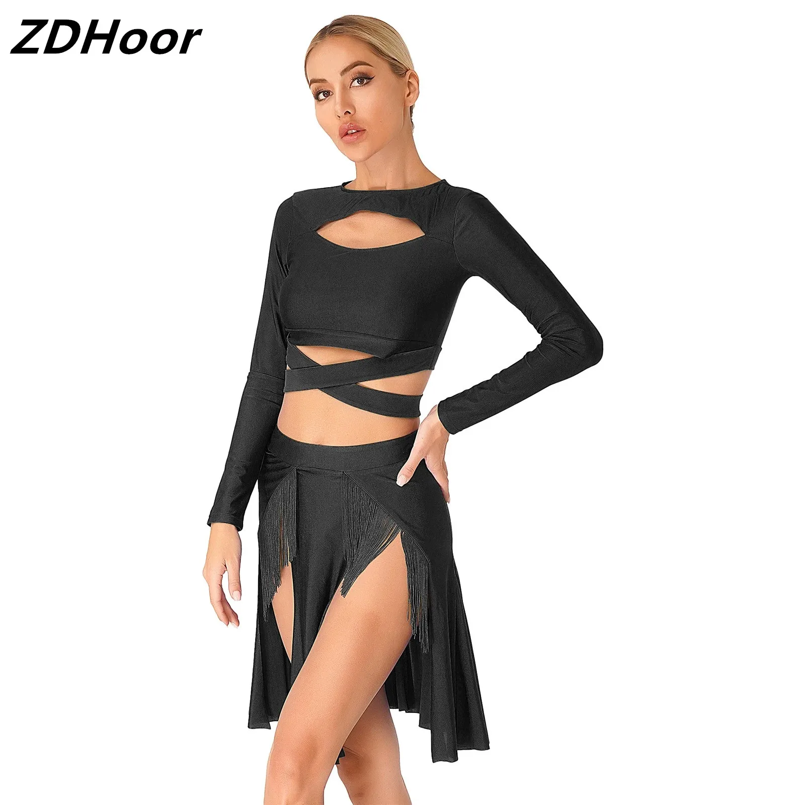 

Women Tassel Jazz Latin Dance Set Stage Performance Costume Long Sleeve Cutout Crop Top with High Waist Split Tassel Skirt