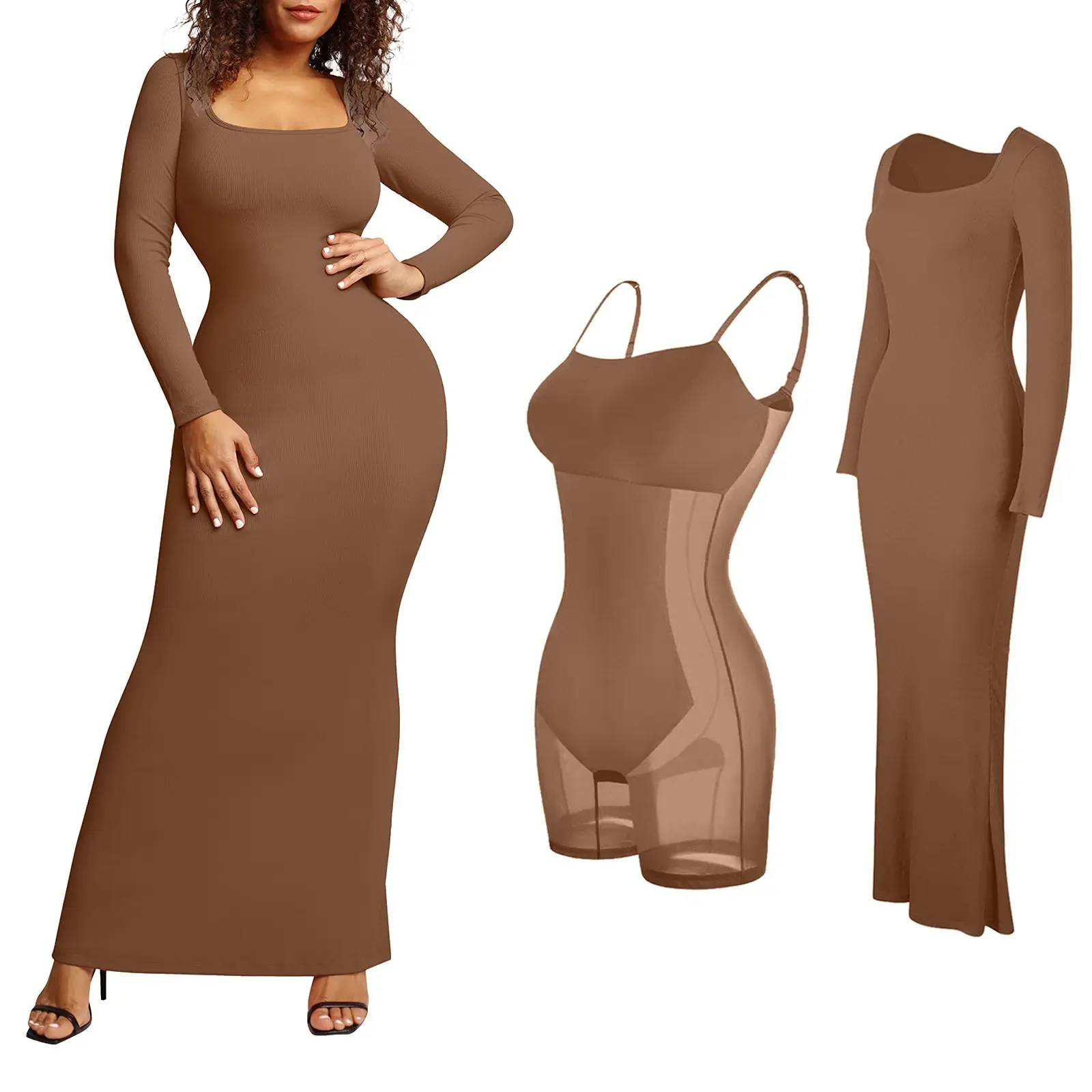 LongSleeveShapewearDressBodyShaperBodyconMaxiMiniBuiltin