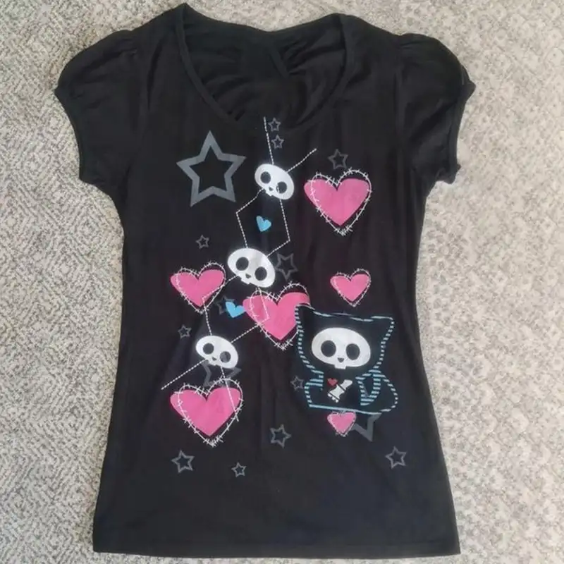 Letters Print Gothic Vintage Punk Black Crop Tops Women's Streetwear Baby Tee Vintage Short Sleeve T-Shirt Y2k Clothes Emo - Image 2