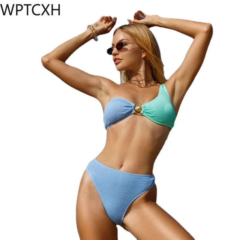 

Women's Swimsuits Textured Knit Block Color Bikini Bathing Suit Swimwear Ladies Biquini One-shoulder Two-pieces Bikini Set