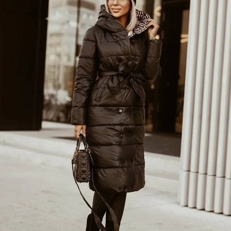 Women Elegant Print Hooded Down Coat Fall Fashion Button Lace-up Long Jacket Winter Casual Long Sleeve Pocket Straight Outerwear