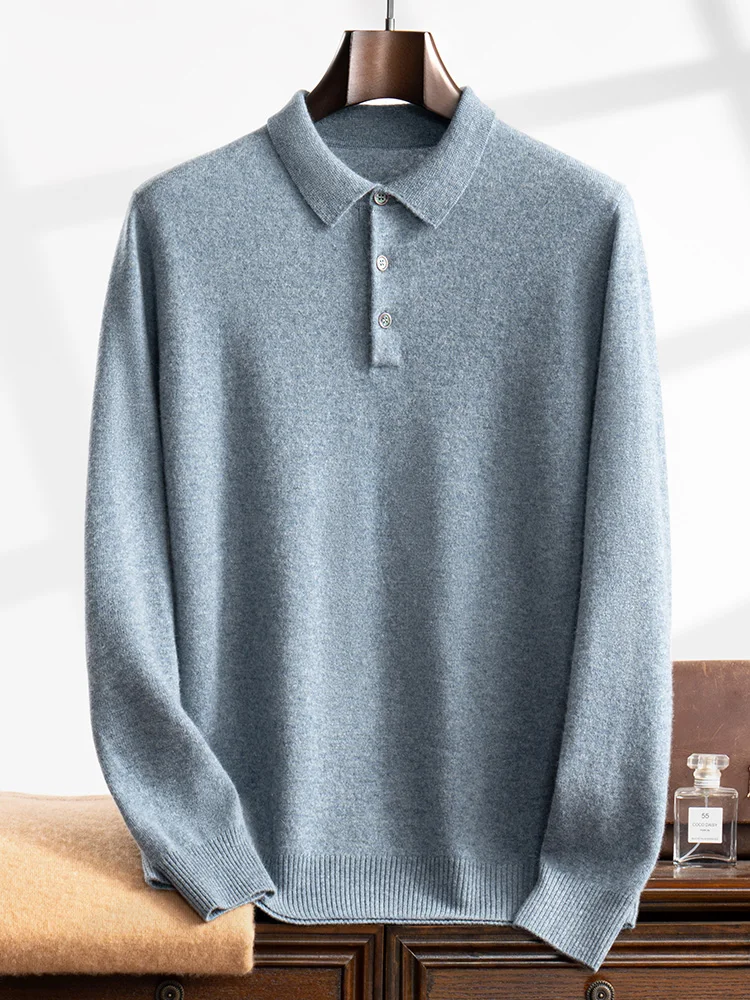 ANGEL 2024 Men's New POLO Shirt 100% Cashmere Knitted Pullover Solid Color Sweater Fall Winter Casual Business Office Jacket 6