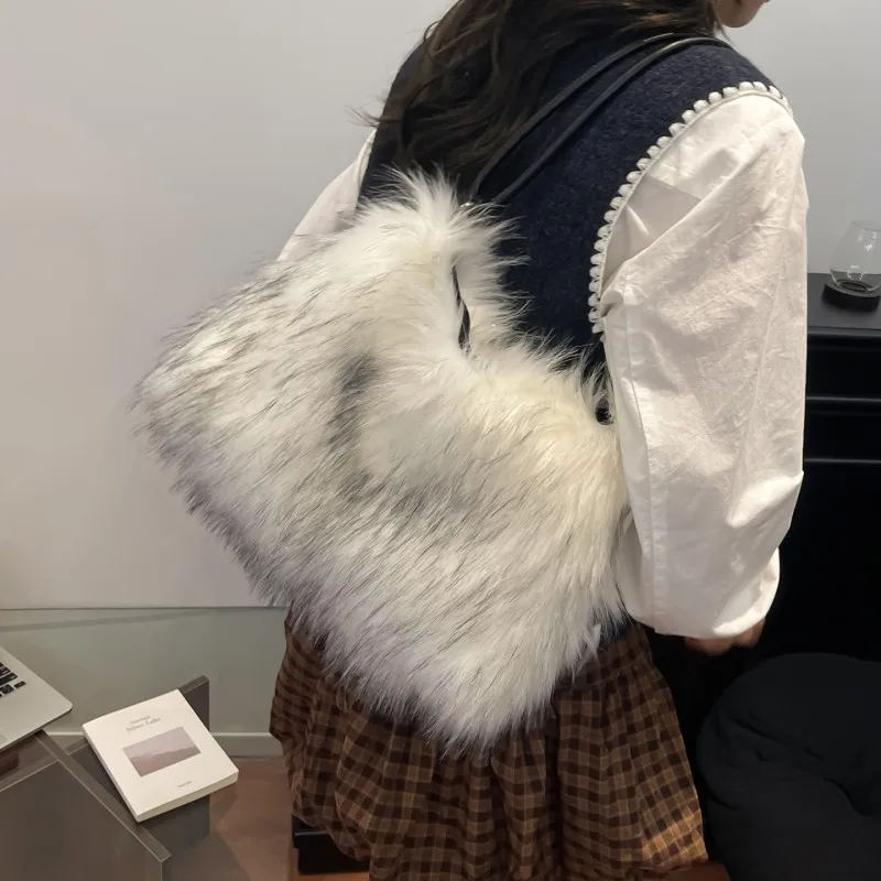 Fluffy Plush Handbag Large Faux Fur Tote Bag Shoulder Handbag Solid Color Satchel Handbag for Women Ladies Work Travel Commuting