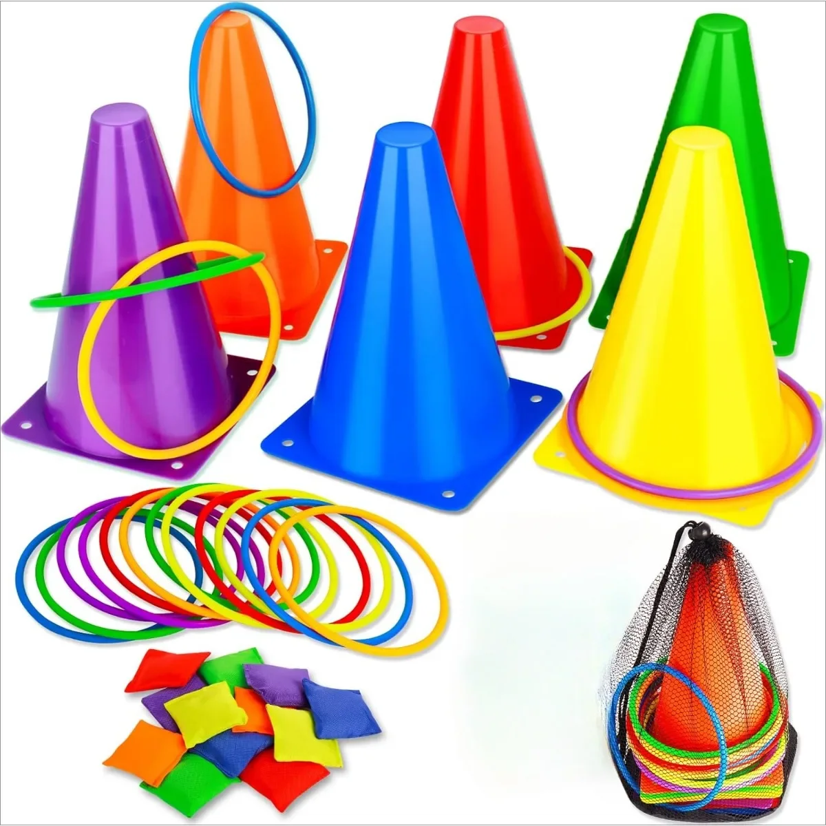 3 in 1 Soft Plastic Cones Bean Bags Ring Toss Games Carnival Games Set for Kids Birthday Party Outdoor Games 32 Pcs Combo Set