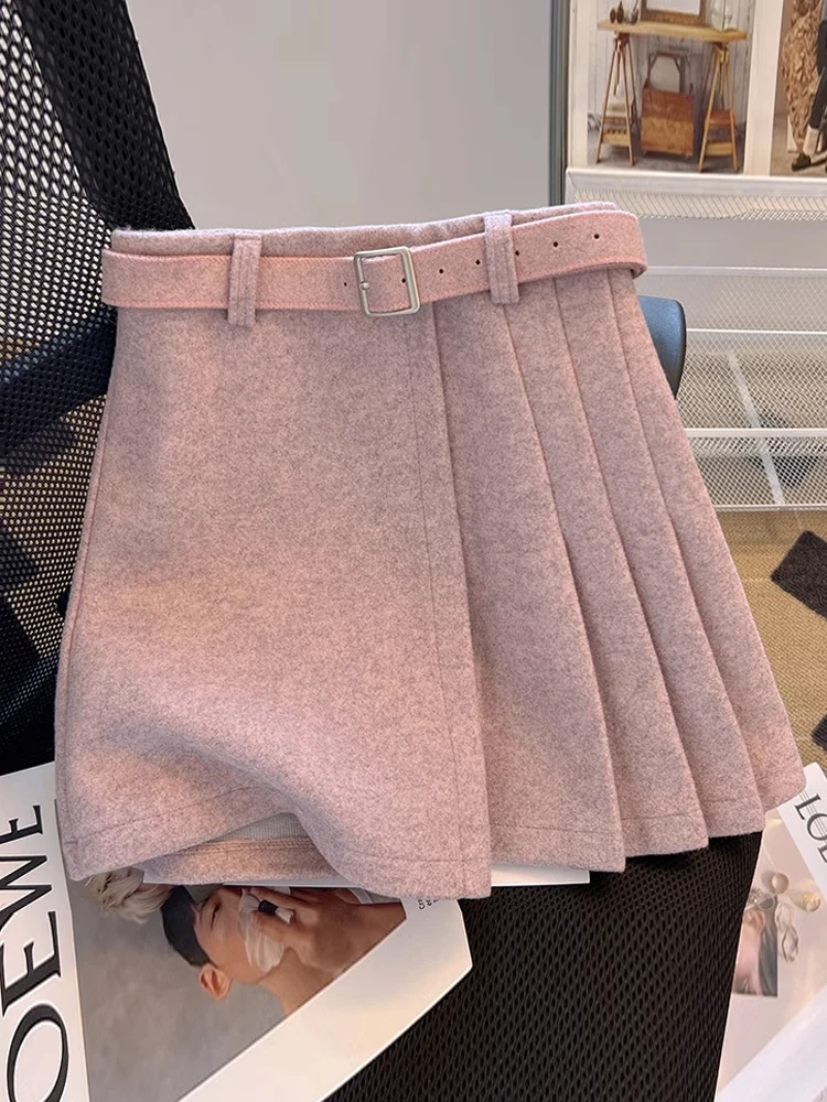 

Thickened Woolen Half Skirt Women Autumn Winter High Waisted Slim A-line Mini Skirts Korean Versatile Pleated Skirt with Belt