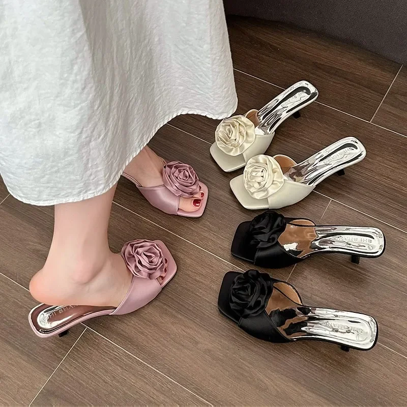 2025 Women's Sandals Rhinestone Flower Decor Low Heels Elegant Point ...
