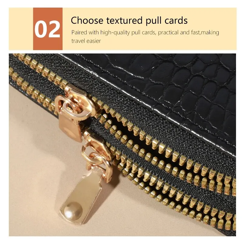 Elegante Damen-Geldbörse mit mehreren Karten – sichere Clutch mit doppeltem Reißverschluss | Lässige Geldbörse aus PU-Leder mit Aufbewahrungstasche aus Krokodilkarton – Detail 3